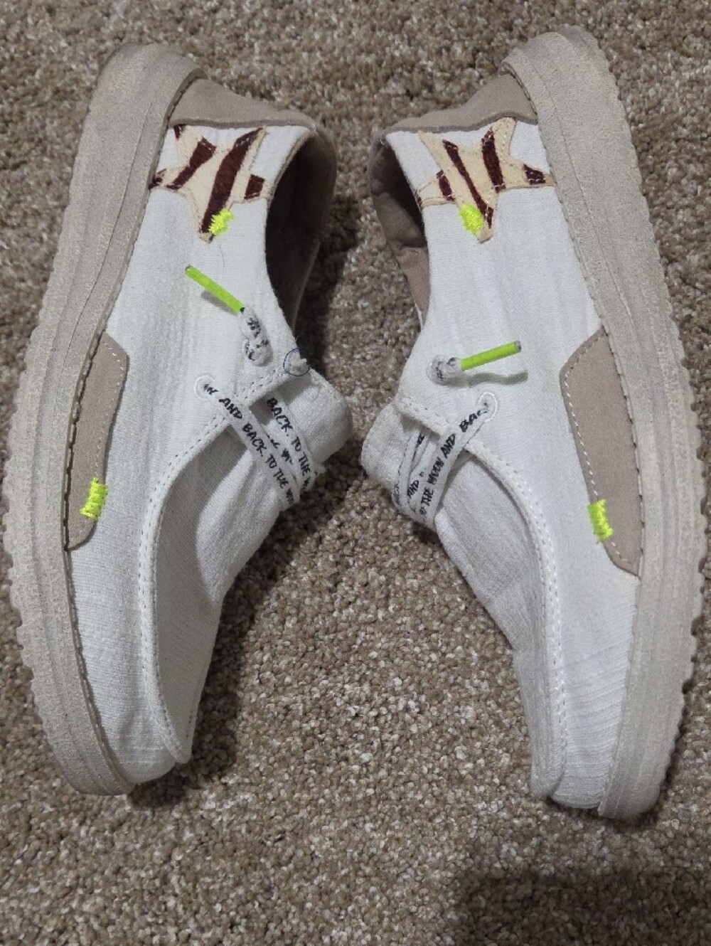 Hey Dude women’s White Canvas Slip-On with Tan Accents and Neon Highlights - Picture 2 of 7